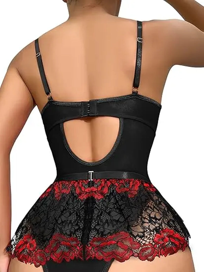Shinyyep Women Lingerie Set Lace Bodysuit High Waisted Underwire Lingerie Babydoll with Garter Belt and Stockings Sexy Lingerie