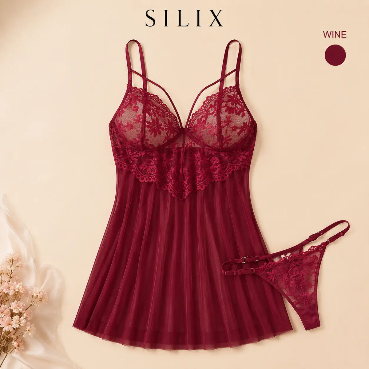 SILIX Women'S Lace Babydoll Sleep Dress Sexy Floral Lace Nightgown Soft Mesh Chemise Lingerie Breathable Sleepwear for Lounge, Honeymoon & Date Night