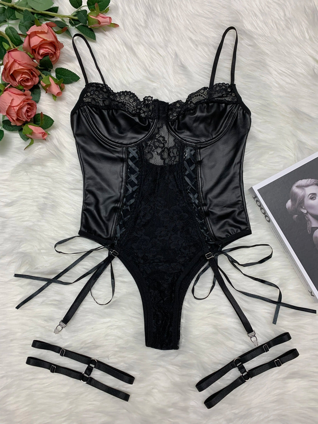 Fling Night Women'S Sexy Soft Leather & Elegant Lace Corset Lingerie Set - Mesh Bodysuit Fit