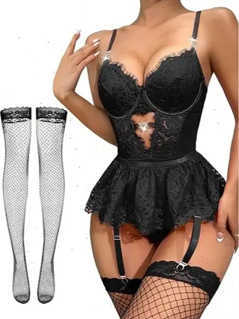 Shinyyep Women Lingerie Set Lace Bodysuit High Waisted Underwire Lingerie Babydoll with Garter Belt and Stockings Sexy Lingerie