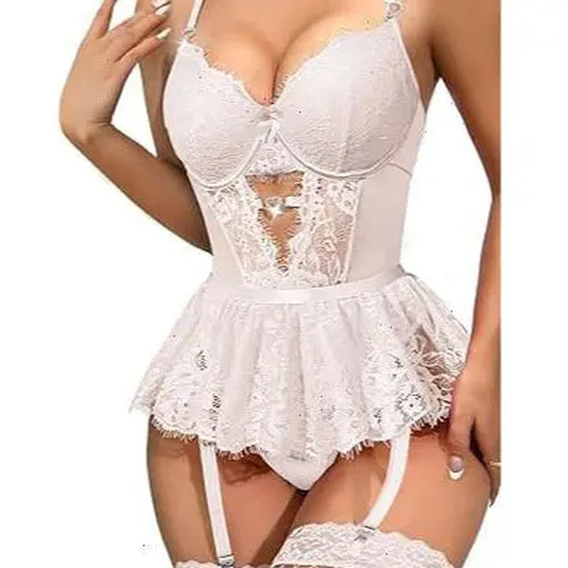 Shinyyep Women Lingerie Set Lace Bodysuit High Waisted Underwire Lingerie Babydoll with Garter Belt and Stockings Sexy Lingerie