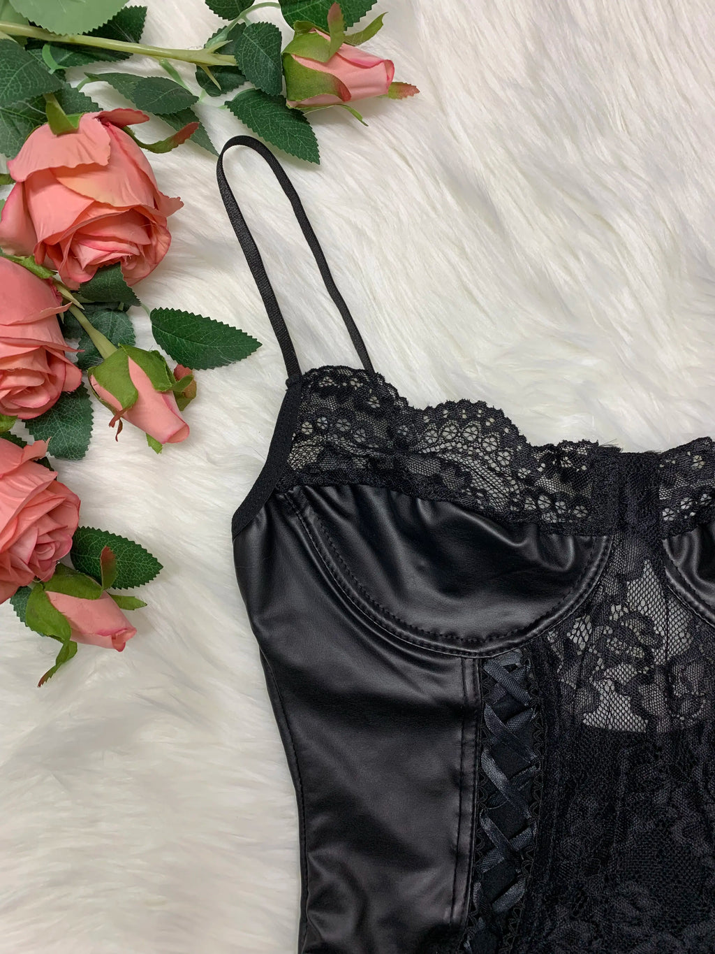 Fling Night Women'S Sexy Soft Leather & Elegant Lace Corset Lingerie Set - Mesh Bodysuit Fit