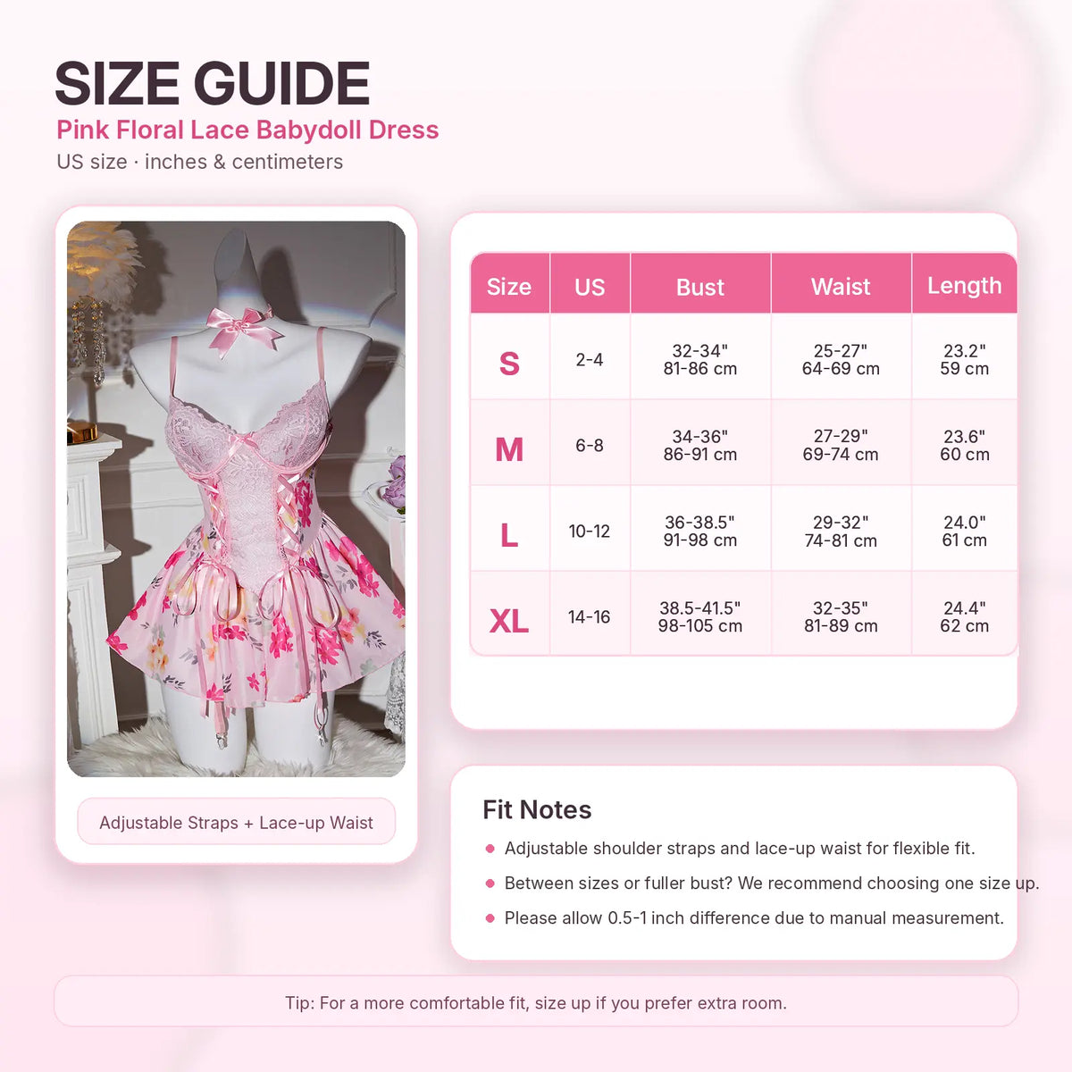 Pink Floral Lace Babydoll Dress for Women, Cute Mesh Sleepwear Mini Dress with Bow Choker, Adjustable Strap Bridal Nightwear S-XL