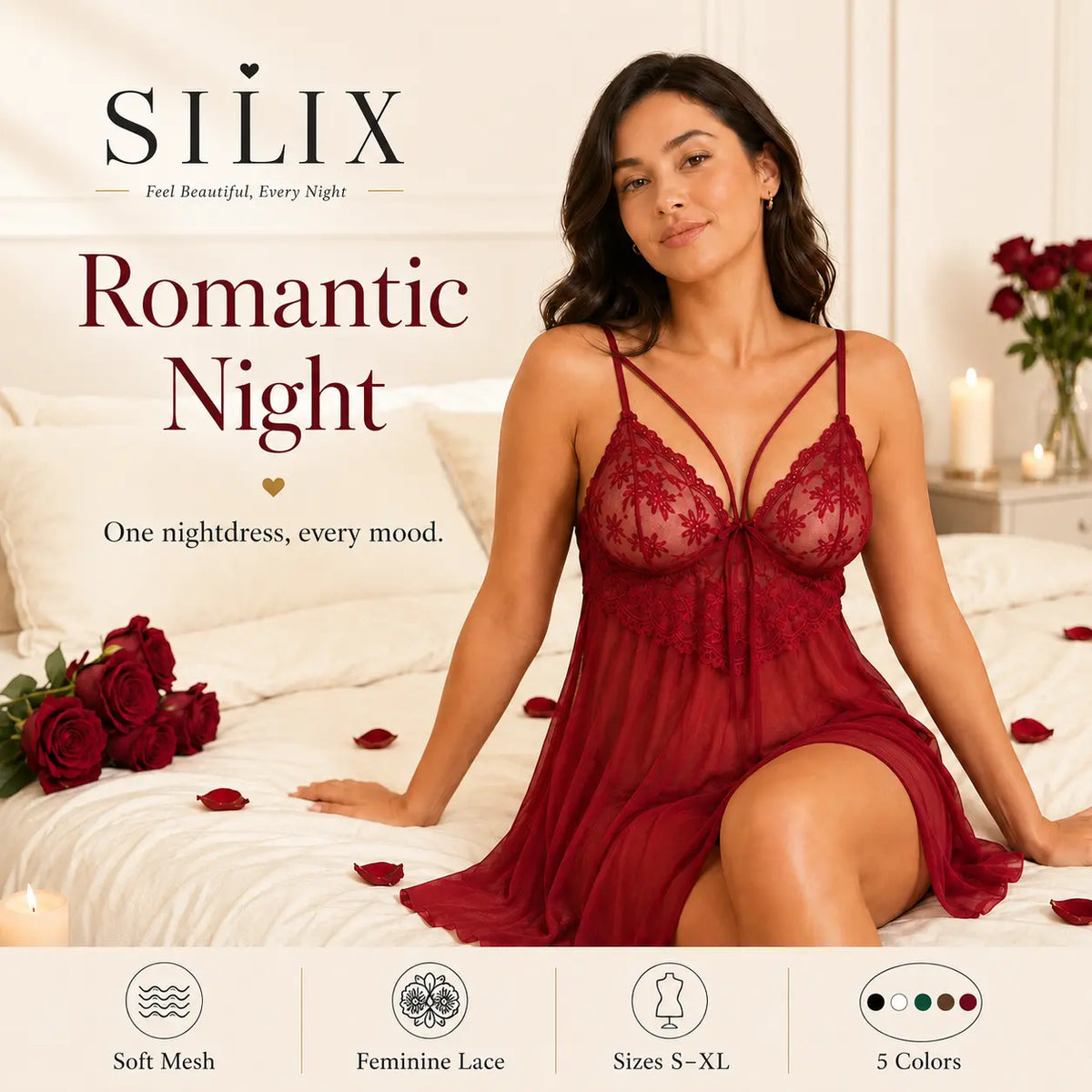 SILIX Women'S Lace Babydoll Sleep Dress Sexy Floral Lace Nightgown Soft Mesh Chemise Lingerie Breathable Sleepwear for Lounge, Honeymoon & Date Night