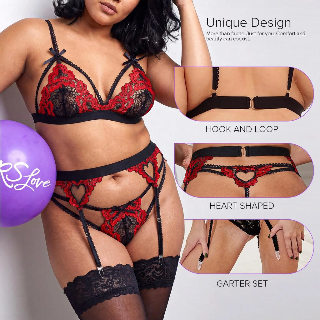 3-Piece Heart Cut-Out Lace Lingerie Set with Garter Belt - High-Stretch V-Neck Bra & Panty, Exotic Honeymoon Wedding Nightwear Anniversary Gift for Her RSLOVE