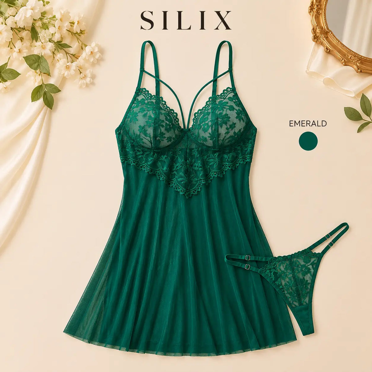 SILIX Women'S Lace Babydoll Sleep Dress Sexy Floral Lace Nightgown Soft Mesh Chemise Lingerie Breathable Sleepwear for Lounge, Honeymoon & Date Night