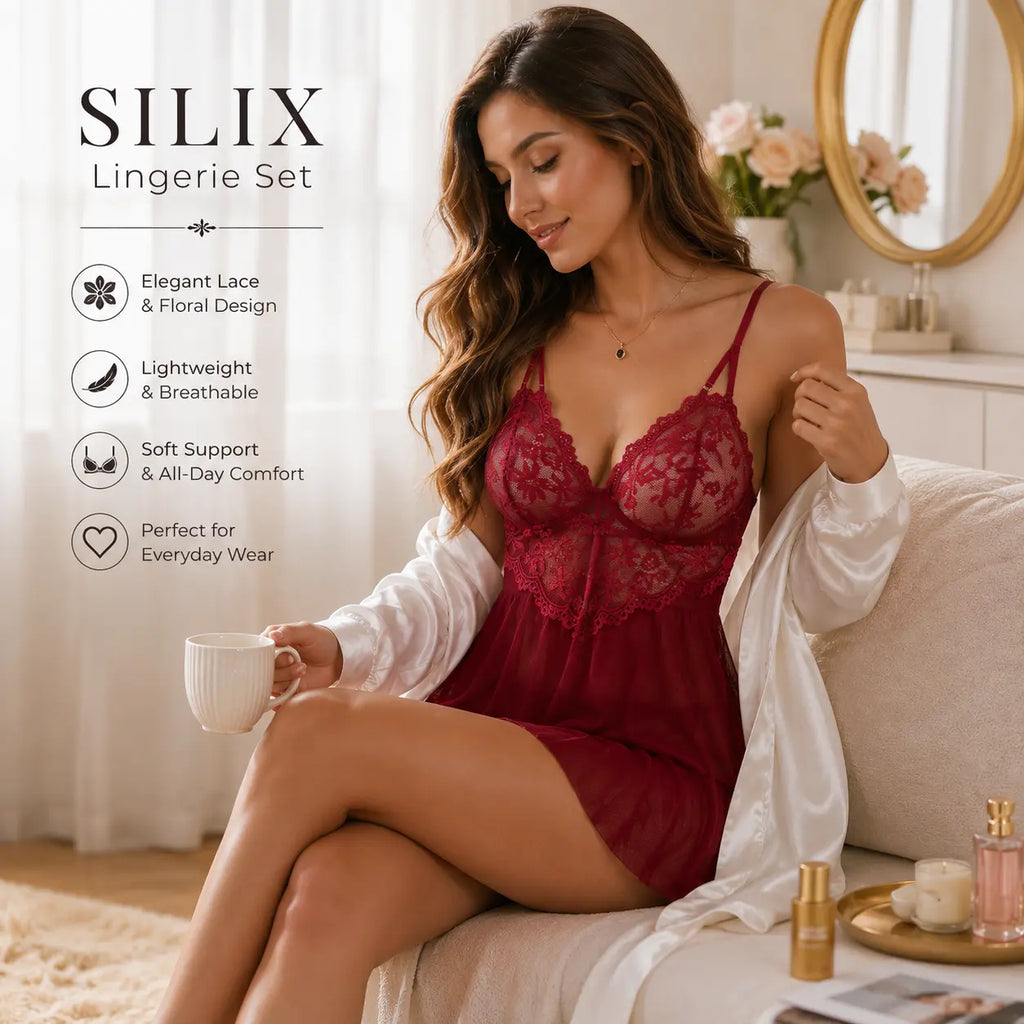 SILIX Women'S Lace Babydoll Sleep Dress Sexy Floral Lace Nightgown Soft Mesh Chemise Lingerie Breathable Sleepwear for Lounge, Honeymoon & Date Night