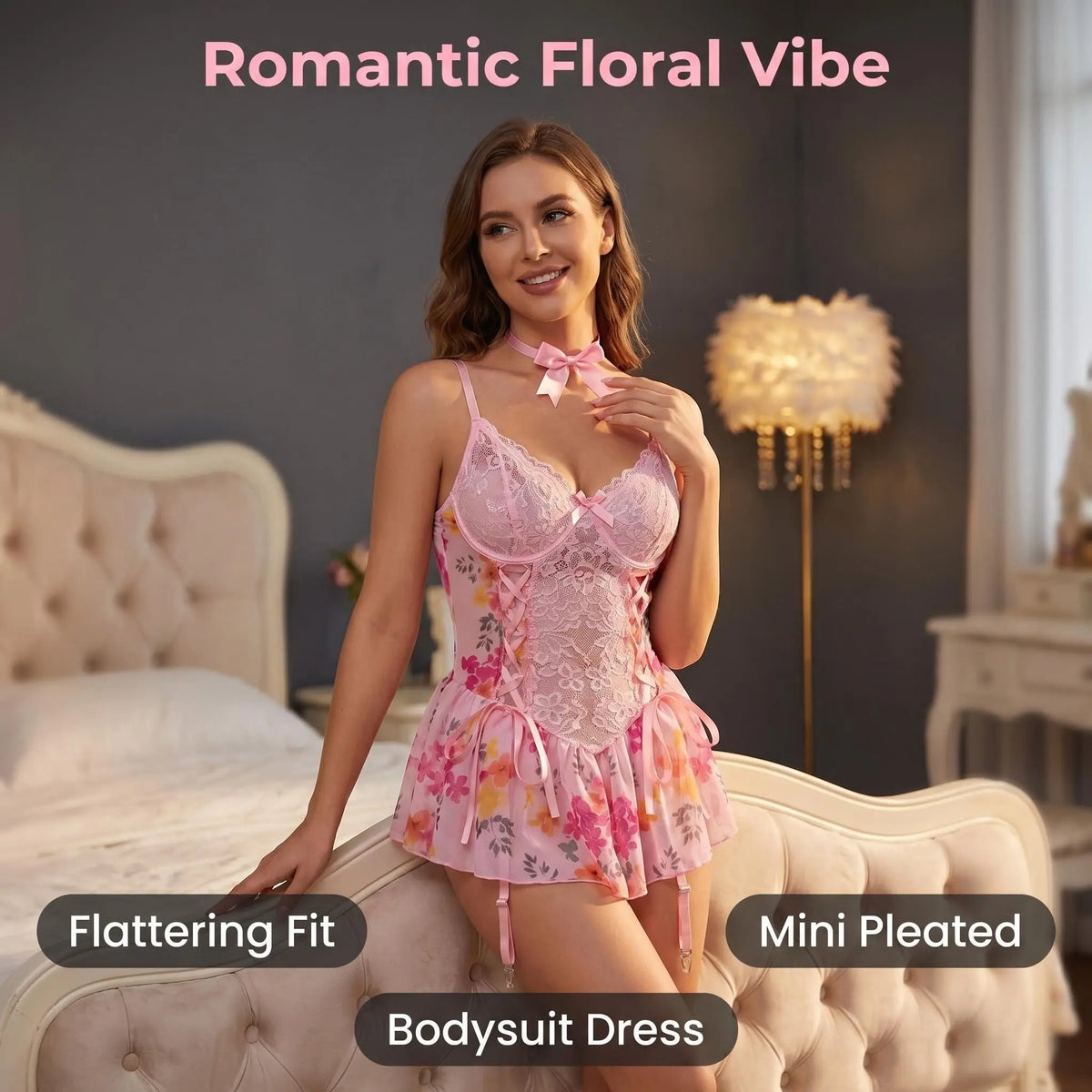Pink Floral Lace Babydoll Dress for Women, Cute Mesh Sleepwear Mini Dress with Bow Choker, Adjustable Strap Bridal Nightwear S-XL