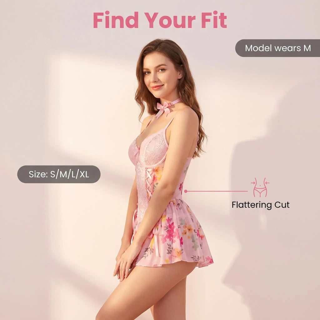 Pink Floral Lace Babydoll Dress for Women, Cute Mesh Sleepwear Mini Dress with Bow Choker, Adjustable Strap Bridal Nightwear S-XL