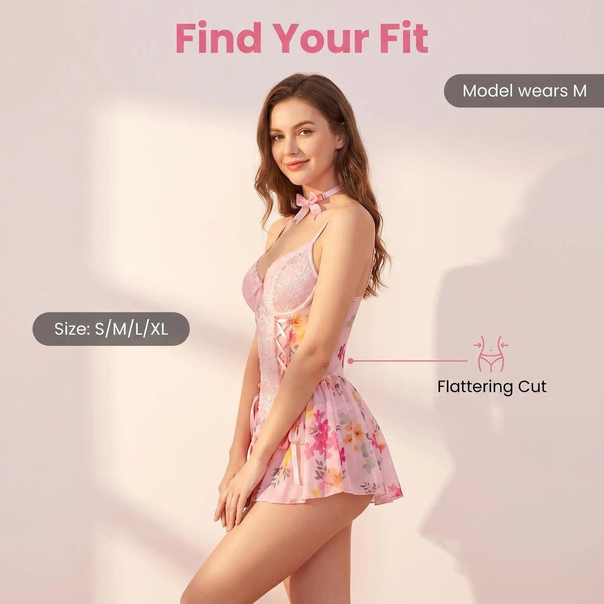 Pink Floral Lace Babydoll Dress for Women, Cute Mesh Sleepwear Mini Dress with Bow Choker, Adjustable Strap Bridal Nightwear S-XL