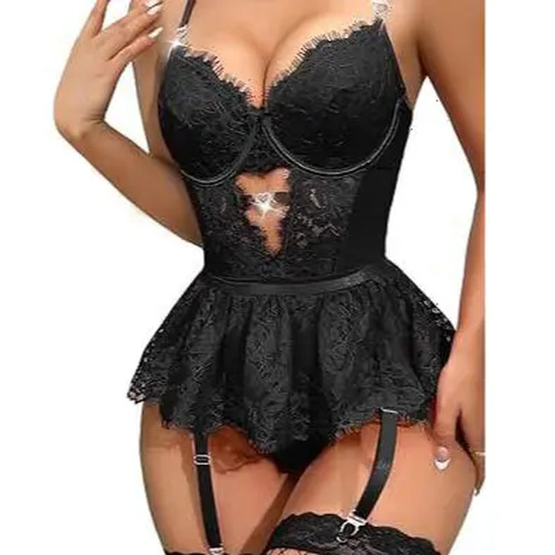 Shinyyep Women Lingerie Set Lace Bodysuit High Waisted Underwire Lingerie Babydoll with Garter Belt and Stockings Sexy Lingerie