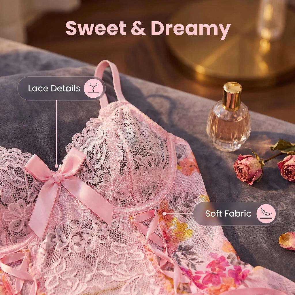 Pink Floral Lace Babydoll Dress for Women, Cute Mesh Sleepwear Mini Dress with Bow Choker, Adjustable Strap Bridal Nightwear S-XL