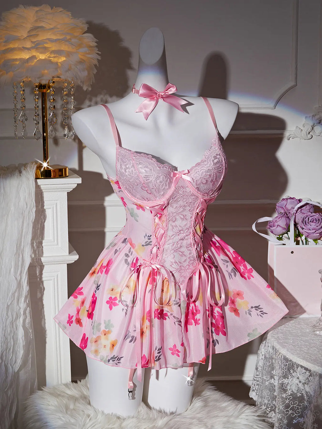 Pink Floral Lace Babydoll Dress for Women, Cute Mesh Sleepwear Mini Dress with Bow Choker, Adjustable Strap Bridal Nightwear S-XL