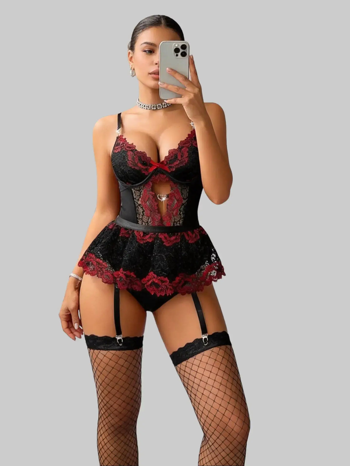 Shinyyep Women Lingerie Set Lace Bodysuit High Waisted Underwire Lingerie Babydoll with Garter Belt and Stockings Sexy Lingerie