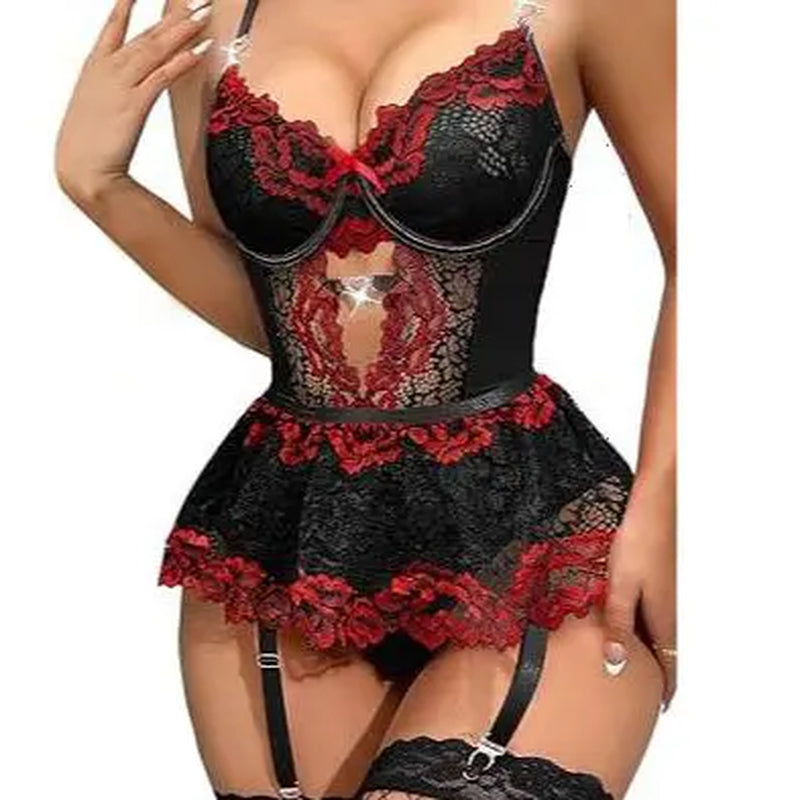 Shinyyep Women Lingerie Set Lace Bodysuit High Waisted Underwire Lingerie Babydoll with Garter Belt and Stockings Sexy Lingerie